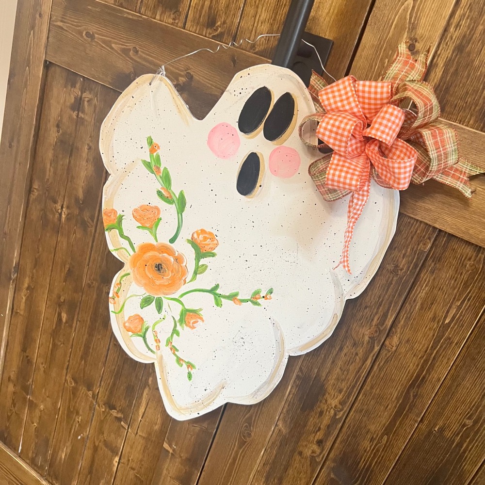 Hand Painted Wooden Ghost Door Hanger Halloween Floral Orange Bow Decor 20in